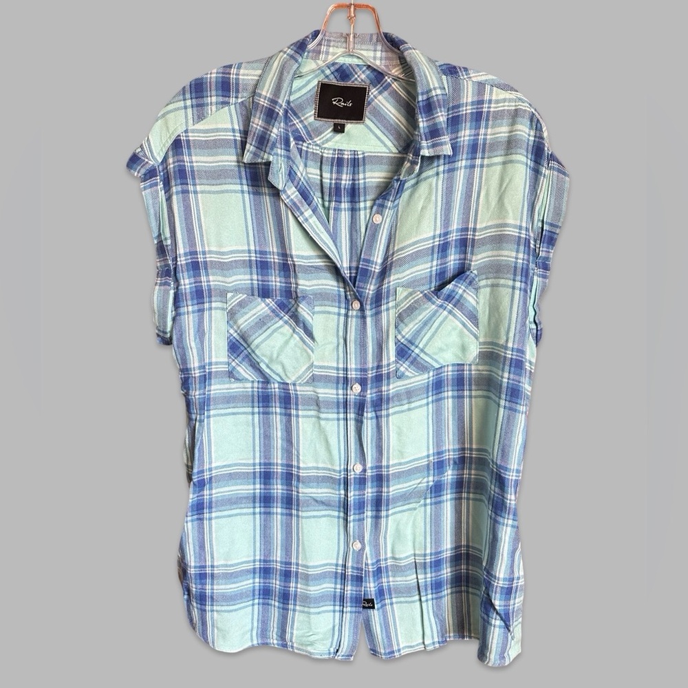 Rails Britt Rolled Cap Sleeve Plaid Flannel Short Sleeve Button Top Large
